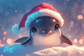 cute cartoon dolphin wearing christmas hat in the snow