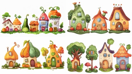Naklejka premium cute fairytale vegetable house in garden, collection set isolated on white background, Generative Ai