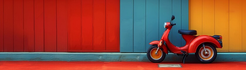 A bright red motorcycle parked on the city street adds a pop of color to the urban transportation...