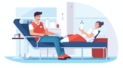 Doctor collecting blood from volunteer sitting in c