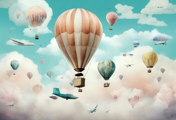'collection watercolor balloons plane air airship clouds colours pastel handpainted white...