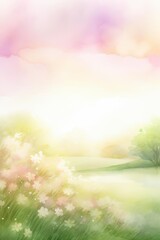 spring meadow watercolor, tranquil spring meadow watercolor