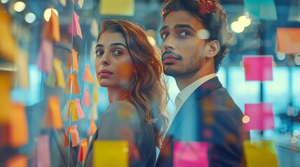 Obraz premium Digital Marketing Insight: Indian Duo Delving into Social Media Strategies on Clear Board generative ai
