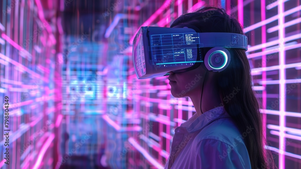 Wall mural augmented reality. woman in futuristic neon metaverse game, girl exploring ar cyberspace