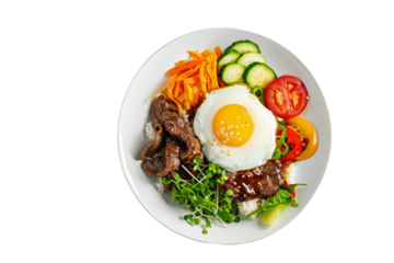 bibimbap, a Korean dish featuring mixed rice topped with bulgogi (marinated grilled beef), assorted vegetables, and a fried egg.