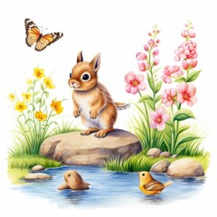 Fototapeta premium spring wildlife watercolor, animated spring wildlife watercolor