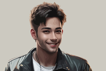 Cool boy smiling works on the computer front view illustration