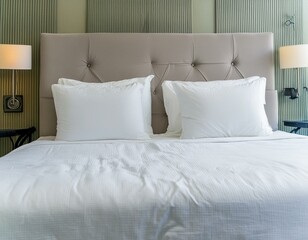 Close-up on minimalistic hotel bedding clean white pillows, duvet blankets, bedsheets neatly placed on a bed linen