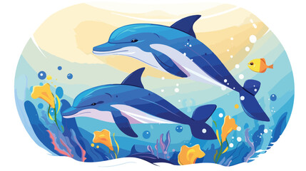 Dolphins in sea water. Underwater fishes aquatic ma