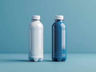 Two plastic bottles, one white and one electric blue, are placed side by side on a blue surface. The cylinders are capped with lids and may contain liquid or gas, possibly water or another fluid