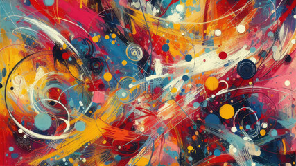 Abstract art background with bright colors. Dynamic lines and swirls creating a sense of movement, round shapes of different sizes add depth to the image. AI, Generation