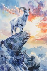 Watercolor hand drawn mountain goat on a peak, bright pastel sky and sunlight, serene nature scene - obrazy, fototapety, plakaty
