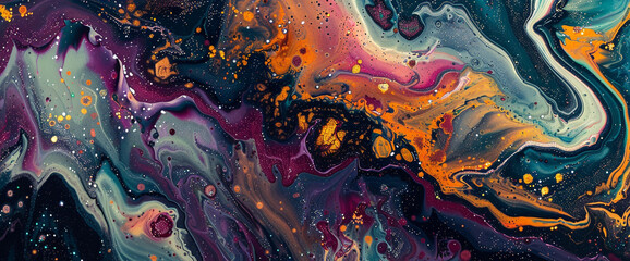 Marble ink's fluid dance across a blank canvas forms an abstract wonderland, its radiant glitters...