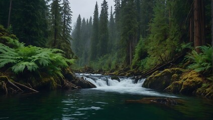 A stunning waterfall cascades into a mountain lake covered in snow, located in the Pacific Northwest. The lake is encircled by pine trees, large ferns, and boulders, creating a serene and picturesque 