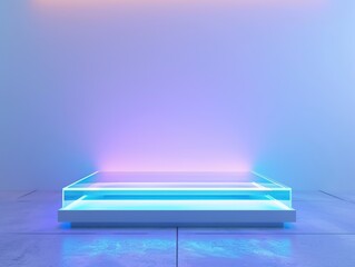 3D rendering of a stage with a glowing neon blue and pink light