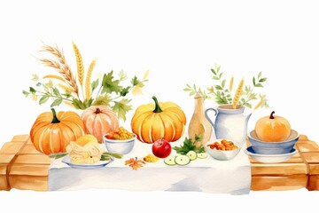 Thanksgiving table watercolor, festive Thanksgiving table watercolor