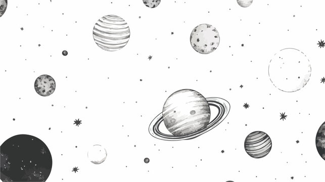 Black and white seamless pattern with planets and o