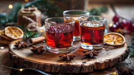 Three glasses of potent beverages served on a wooden platter with accompaniments