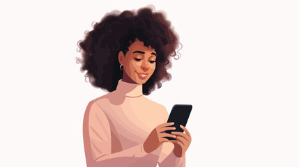 Black woman holding mobile phone. Young female char