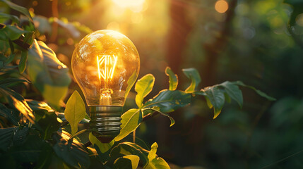 Close up of light bulb on green nature background. Idea concept. AI. - obrazy, fototapety, plakaty