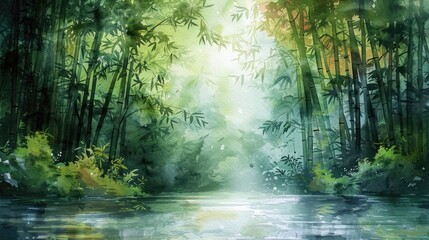 A beautiful watercolor painting of a bamboo forest with a river running through it. The sun is shining through the trees and there is a feeling of peace and tranquility.