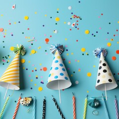 Obraz premium celebration photo Birthday party with party horns, colorful confetti, ice cream candles, cocktail umbrellas on a bright blue background