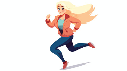Blonde young woman in trendy clothes running fast.