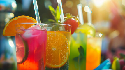 A bright assortment of refreshing drinks ready to quench your thirst. AI. - obrazy, fototapety, plakaty