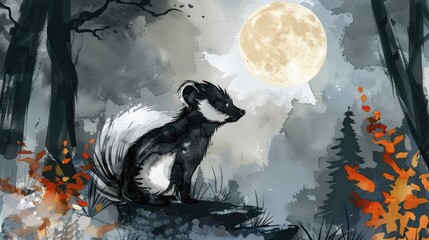 A skunk looking at the moon in the night sky