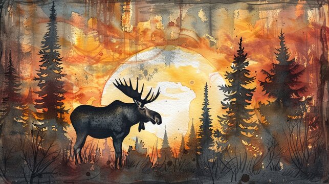 A painting of a moose standing in a forest at sunset