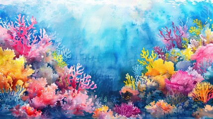 A watercolor painting of a coral reef with a blue background.
