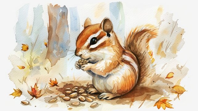 A watercolor painting of a chipmunk eating nuts in the fall.