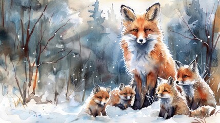 A watercolor painting of a mother fox and her four kits in a snowy forest.