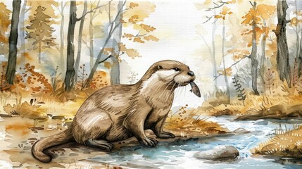 A watercolor painting of an otter eating a fish on the edge of a riverbank.