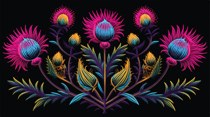 Blooming thistle flower embroidered with stitches o