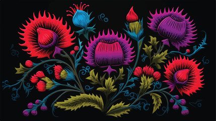 Blooming thistle flower embroidered with stitches o