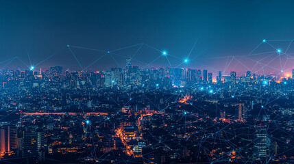 Fototapeta premium Panorama aerial view in the cityscape skyline with smart services and icons, internet of things, networks and augmented reality concept , night scene .