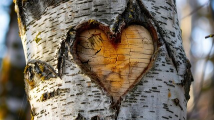 A declaration of love to nature in the form of a heart symbol carved into the smooth white bark of...