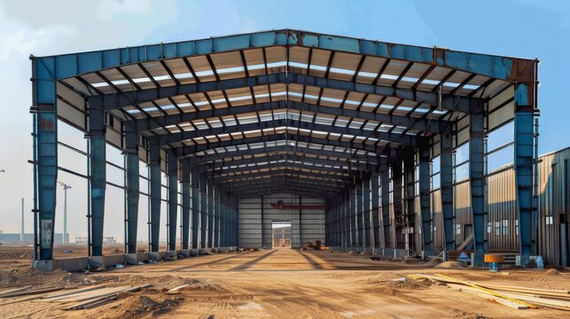 steel frame workshop is under construction Empty steel structure of building.Vast Steel Skeleton of an Industrial Workshop Under the Vivid Blue Sky.