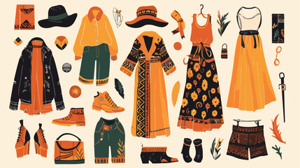 Bohemian fashion style set. Boho and gypsy clothes - obrazy, fototapety, plakaty