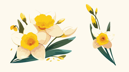 Elegant blossomed daffodil flower with stem and lea - obrazy, fototapety, plakaty