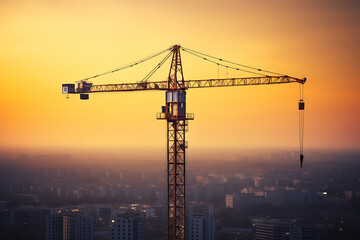 Tower crane looming over a apartment construction site at sunset, with the city skyline stretching into the horizon. Generative AI