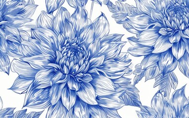 Symmetrical pattern of electric blue and white flowers on a white background - obrazy, fototapety, plakaty