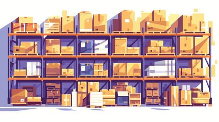 Boxes cardboard packages on shelf in warehouse. Goo