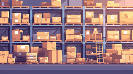 Boxes cardboard packages on shelf in warehouse. Goo