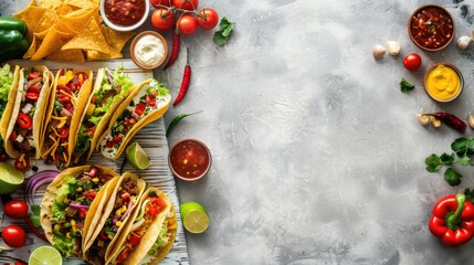 Capture a bird s eye view of a delightful array of Mexican culinary delights like tacos quesadillas burritos and nachos adorning a white wooden banner backdrop set against the backdrop of a