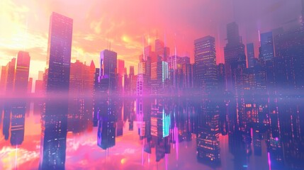 A city skyline is reflected in a body of water, with the sky above the city being a mix of pink and purple. The city is lit up with neon lights, creating a vibrant and energetic atmosphere
