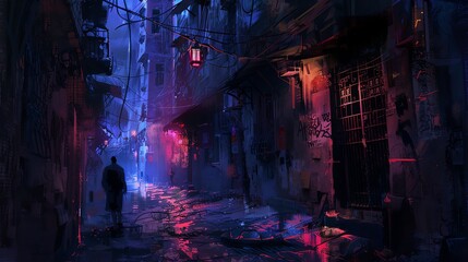 A dark and lonely figure walks down a wet city street, illuminated only by the flickering neon lights