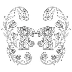 Rabbit and heart tree hand drawn for adult coloring book