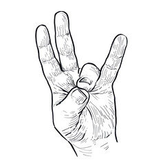 Close-up of thumb and ring finger touching each other, hand language, black and white, png, transparent background, lineart illustration